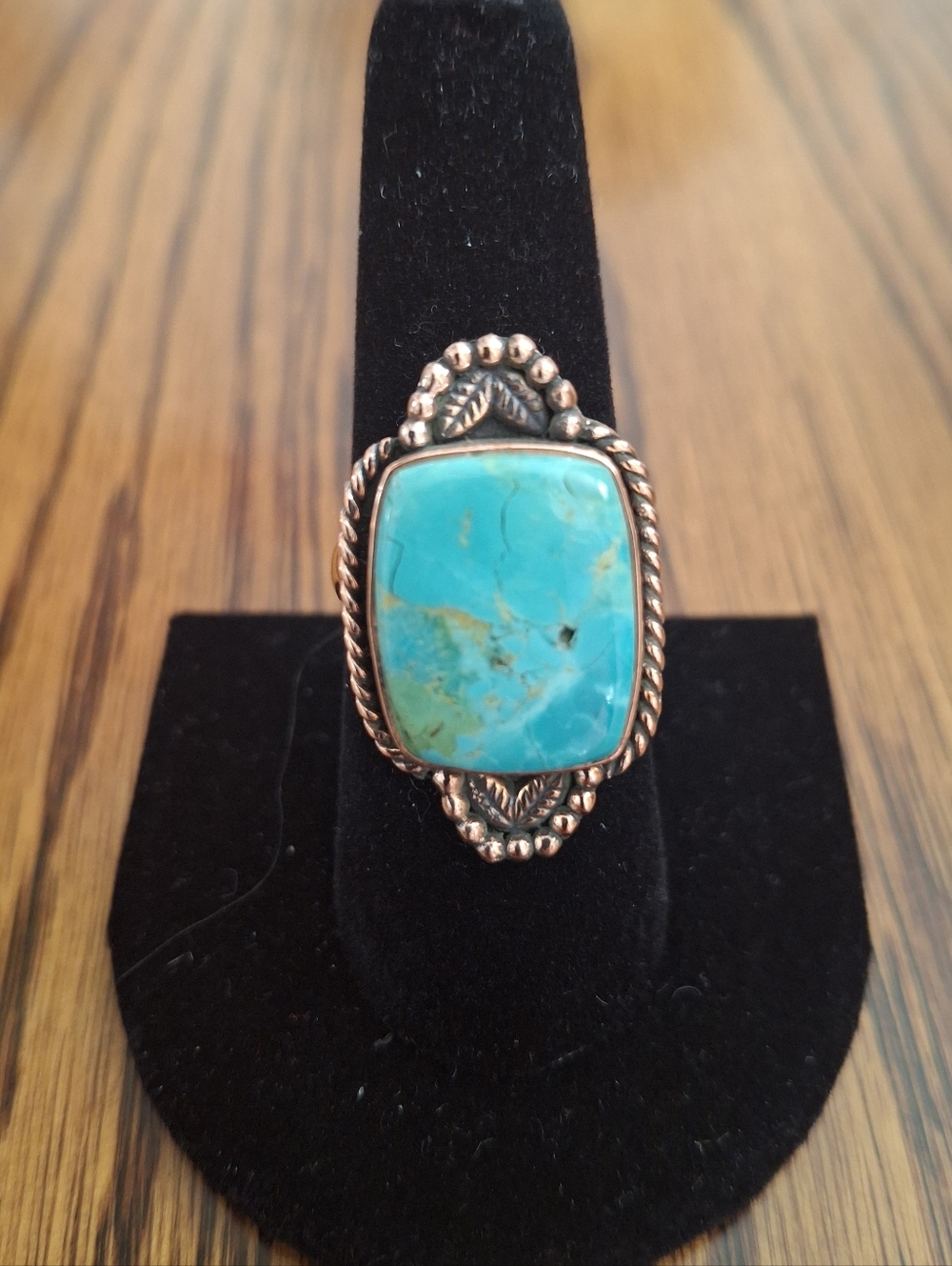 Ring Large Turquoise Stone Set In Copper Frame And Adjustable Band 7-8-9